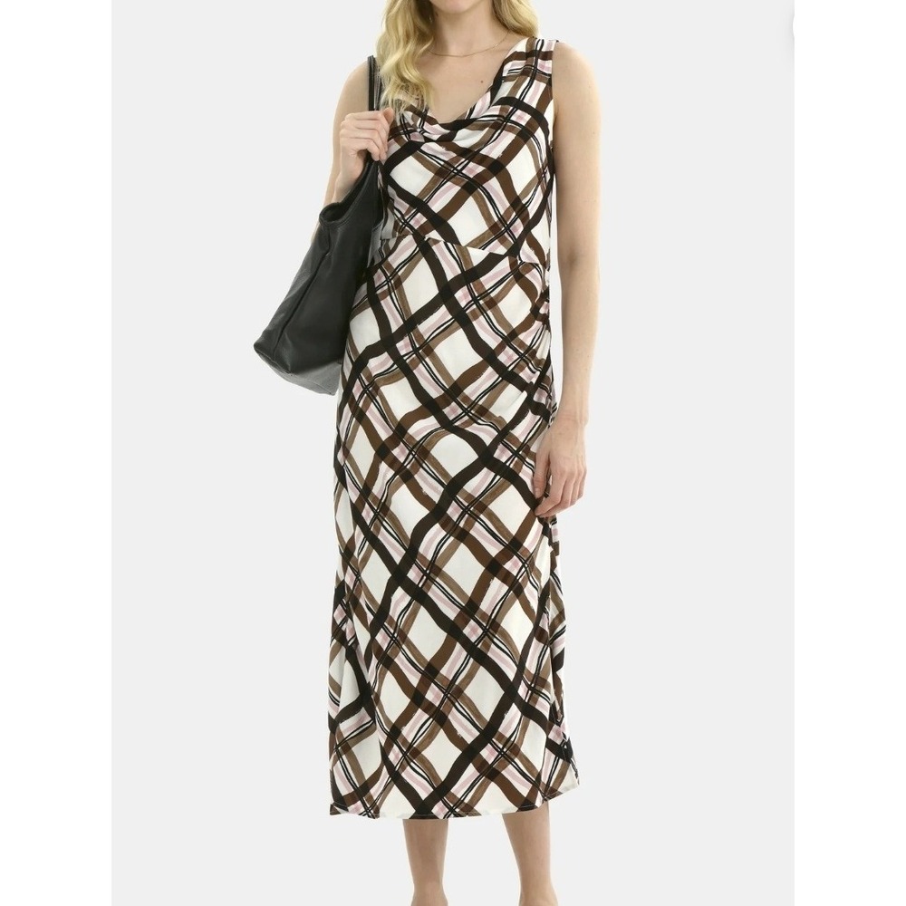 Time and Tru Cowl Neck Dress Womens Small Pink Smoke Plaid Maxi Side Slit NWT